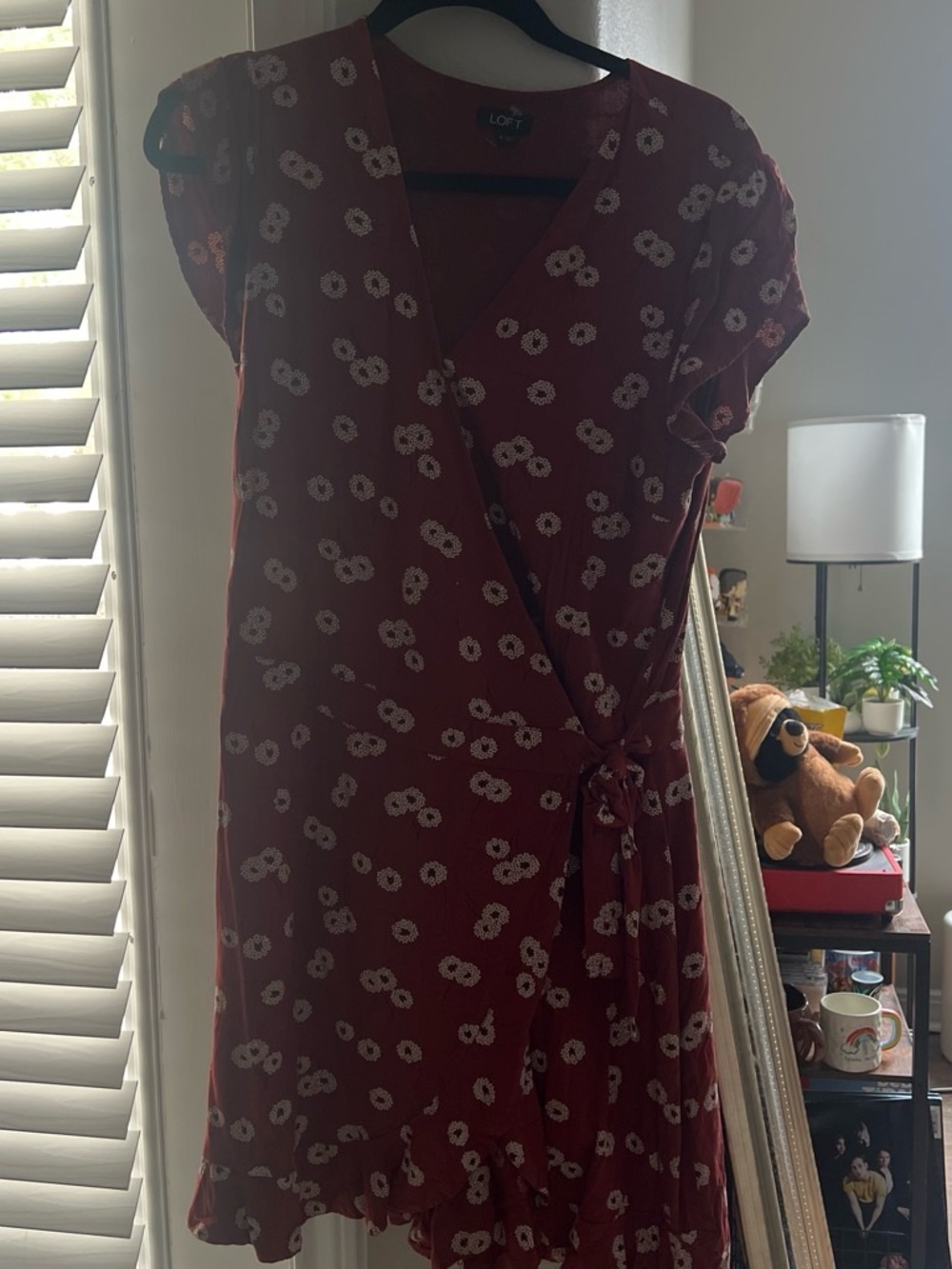 LOFT Burgundy Floral Wrap Midi Dress